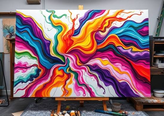 colorful acrylicpaint, dramatic, flowing across a canvas, photorealistic, set in an artist's studio with scattered materials, highly detailed, vibrant movement and energy, glossy finish, rainbow spectrum, soft ambient light, shot with an 85mm lens