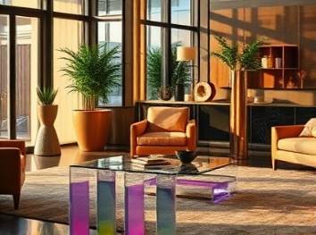 modern acrylicfurniture, minimalist, placed in a luxurious living room, photorealistic, surrounded by elegant decor and greenery, highly detailed, interplay of light and shadow, transparent surface, earth tones with clear accents, warm evening light, shot with a 35mm lens