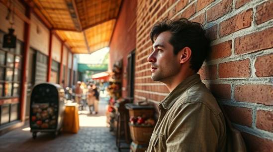 intricate acrylicart, contemplative, leaning against a brick wall, photorealistic, in an outdoor street market, highly detailed, sunlight filtering through gaps, textured finish, earthy colors with vibrant highlights, midday sun, shot with a 24-70mm zoom lens