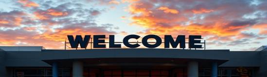unique acrylicsigns, welcoming, towering over a convention center entrance, photorealistic, set against a backdrop of sky and clouds, highly detailed, dynamic folds and angles, matte finish, deep sunset hues, backlit by spotlights, shot with a 70-200mm telephoto lens