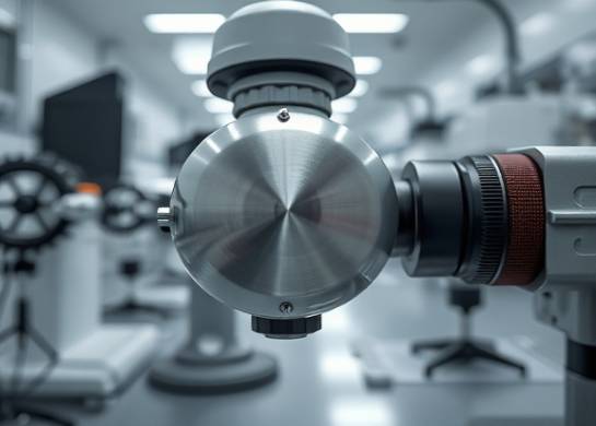 immaculate clear specs, precise, being inspected closely, photorealistic, in a clean laboratory with technical equipment around, highly detailed, reflecting light subtly, 4K resolution, metallic gray, bright overhead lighting, shot with a 100mm prime lens.