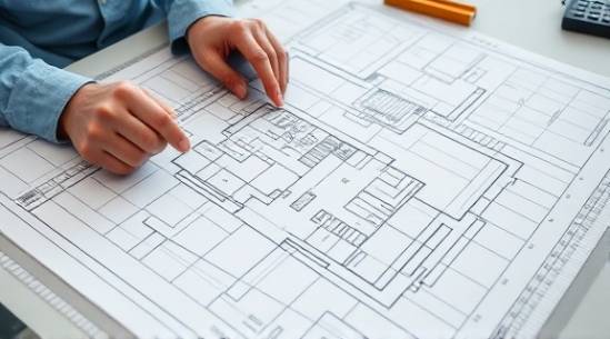 clear blueprint lying flat, precise, being examined closely, photorealistic, on an architect’s desk with rulers and markers, highly detailed, all lines and measurements sharp, 8K resolution, blue and white, diffused lighting, shot with a tilt-shift lens.