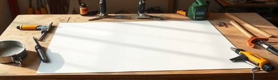 spotless clear sheet, ready, waiting to be used, photorealistic, on a craftsman's table surrounded by cutting tools, highly detailed, shadows soft on its surface, 6K resolution, off-white, natural morning light, shot with a 24mm lens.
