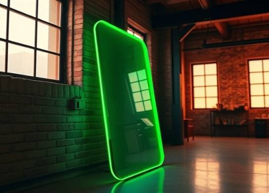 glossy colored acrylic, luminous, leaning against a wall, photorealistic, inside a modern industrial loft with exposed brick and steel beams, highly detailed, shimmering with reflections, wide depth of field, neon green, warm evening light, shot with a 24mm lens