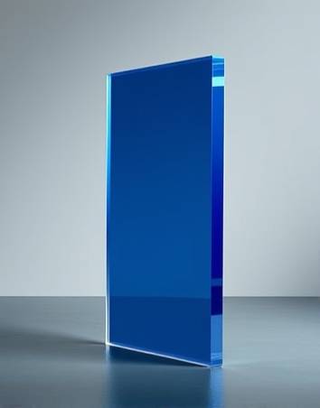 rich acrylic perspex, polished, standing vertically, photorealistic, in a minimalistic gallery space with soft subdued lighting, highly detailed, capturing subtle textures and reflections, high resolution, deep blue, diffused light, shot with a 85mm lens