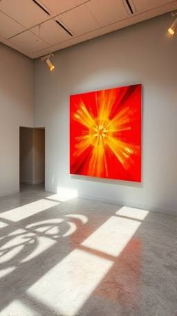 radiant colored panel, striking, mounted on a wall, photorealistic, inside a contemporary art museum with neutral tones and concrete floors, highly detailed, creating an interplay of light and shadow, close-up, fiery red and orange, crisp spotlighting, shot with a telephoto lens