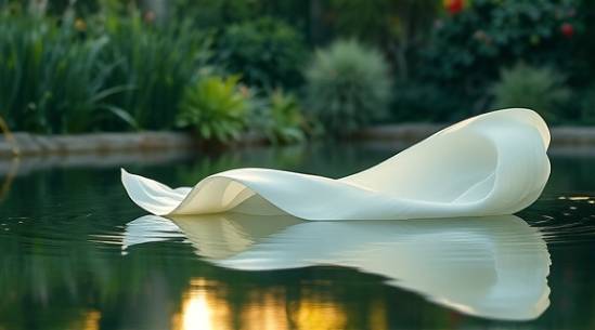 soft colored sheets, gracefully, floating over a still water surface, photorealistic, outdoors in a serene garden pond surrounded by lush greenery, highly detailed, gently rippling with the water, mirror reflection, pastel shades, golden hour light, shot with a 35mm lens