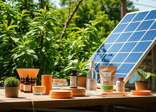 acrylic eco-friendly product showcase, inspiring, laying out a range of products, photorealistic, backdrop of lush greenery and solar panels, highly detailed, light breeze moving foliage, crisp focus, earth tones, natural sunlight, shot with a wide-angle lens.