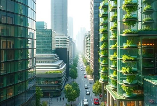 futuristic acrylic green cityscape, uplifting, incorporating acrylic in urban design, photorealistic, city with vertical gardens and transparent structures, highly detailed, cars driving by, sharp details, emerald accents, soft morning light, shot with a tilt-shift lens.