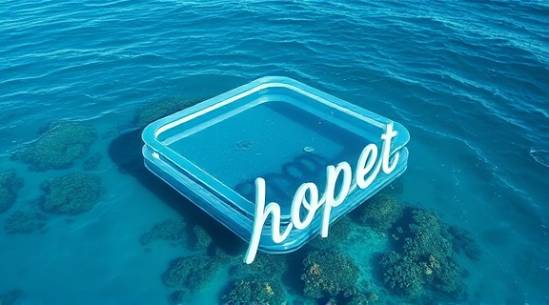 biodegradable acrylic ocean platform, hopeful, designed to support marine life, photorealistic, floating in a clear blue sea with coral reefs, highly detailed, waves gently crashing, sleek finish, oceanic blues and whites, early dawn illumination, shot with an ultra-wide lens.