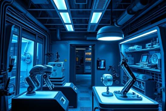 futuristic perspex invention, wonder, assembling, photorealistic, sleek laboratory with advanced equipment, highly detailed, glowing holograms, sharp focus, neon blue, dim ambient light, shot with a 35mm lens.