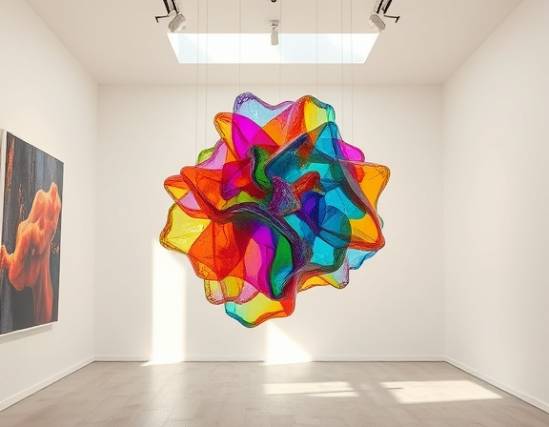 colorful acrylic art, mesmerizing, suspended in air, photorealistic, gallery room with white walls, highly detailed, beams of light casting shadows, 35mm wide-angle lens, warm hues, soft focus, shot with a 24-70mm lens