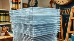 transparent acrylic panels, intriguing, stacked in a pattern, photorealistic, surrounded by art supplies, highly detailed, ambient movement from passersby, 85mm telephoto lens, clear and bright, studio lighting, shot with a 100mm macro lens