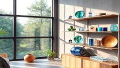 modern acrylic projects, innovative, displayed on shelves, photorealistic, in a cozy living room with large windows, highly detailed, dynamic light play on surfaces, 24-105mm lens, vibrant tones, diffused sunlight, shot with a 50mm lens