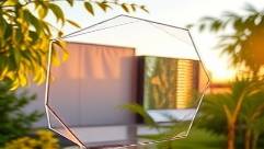bold acrylic sheets, striking, forming geometric shapes, photorealistic, outdoor garden setting, highly detailed, wind rustling leaves, 24mm lens, pastel shades, golden hour lighting, shot with a 16-35mm wide-angle lens