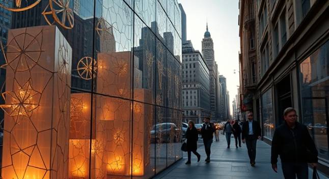 intricate acrylic panels, mystical, layered in a corner, photorealistic, surrounded by urban cityscape, highly detailed, pedestrians walking by, 35mm lens, earthy colors, twilight lighting, shot with a 24-70mm lens