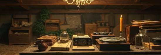 vintage acrylic projects, nostalgic, organized on a table, photorealistic, dusty attic with wooden beams, highly detailed, slight dust particles in the air, 85mm telephoto lens, sepia tones, warm candle lighting, shot with a macro lens