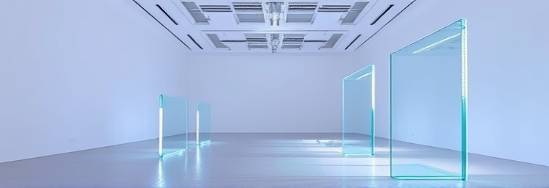 sleek acrylic installations, futuristic, illuminating from below, photorealistic, in a minimalist exhibition hall, highly detailed, soft echoes of footsteps, 55mm prime lens, neon colors, overhead spotlights, shot with a 50mm lens