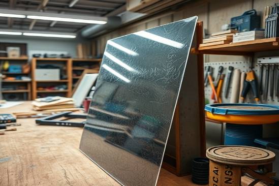 textured acrylic sheets, tactile, leaning against a wall, photorealistic, in a bustling craft workshop, highly detailed, tools scattered around, 35mm wide-angle lens, vivid colors, fluorescent lighting, shot with a 24-105mm lens
