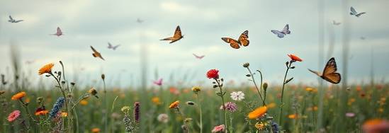 ethereal acrylic art, dreaming, floating above ground, photorealistic, open field with wildflowers, highly detailed, butterflies fluttering around, 50mm lens, soft pastels, overcast sky lighting, shot with a 70-200mm lens