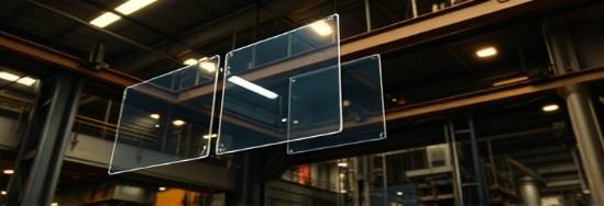 dynamic acrylic panels, lively, in motion mid-air, photorealistic, industrial setting with metal beams, highly detailed, machinery humming faintly, 24mm lens, metallic colors, harsh industrial lighting, shot with a ultra wide-angle lens