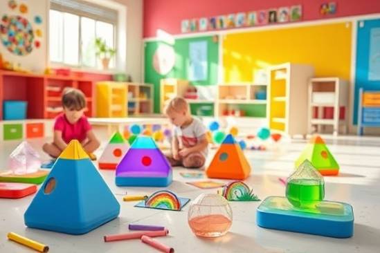 playful acrylic projects, cheerful, scattered across floor, photorealistic, kindergarten with colorful walls, highly detailed, children’s laughter in background, 35mm prime lens, bright primary colors, midday sunlight, shot with a 50mm lens