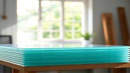 crisp acrylic sheets, fresh, freshly cut ready for use, photorealistic, in a sunlit workshop, highly detailed, soft breeze through open window, 50mm lens, crystal clear colors, natural morning light, shot with a 24-70mm lens