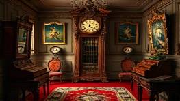 ornate acrylic art, lavish, displayed rare collection, photorealistic, vintage room with antique furniture, highly detailed, ticking of a clock, 85mm lens, deep reds and golds, dim warm lighting, shot with a prime lens