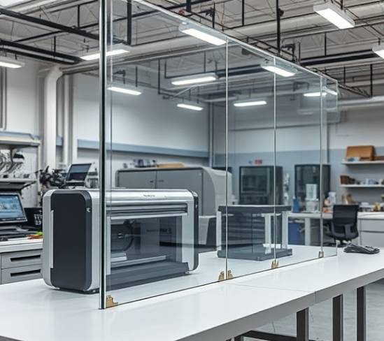 innovative acrylic panels, avant-garde, under construction, photorealistic, high-tech design lab, highly detailed, printers working, 35mm wide-angle lens, sleek silver and black, artificial lighting, shot with a 70-200mm lens