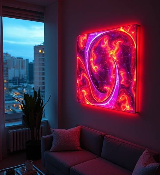 radiant acrylic art, glowing, shining on wall, photorealistic, in a chic urban apartment, highly detailed, city sounds from window, 50mm prime lens, iridescent colors, ambient evening light, shot with a 24-105mm lens