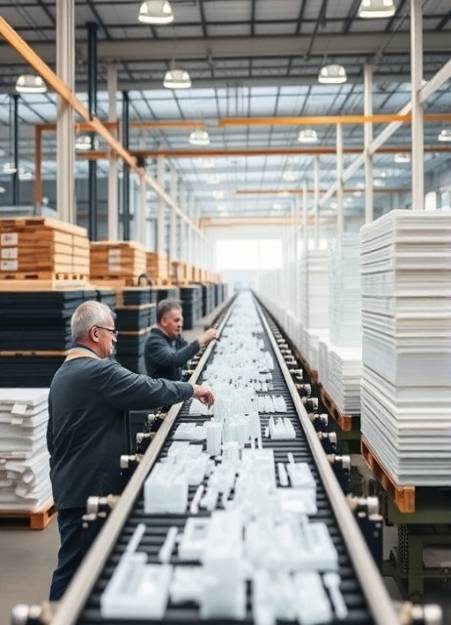 cutting-edge acrylic production, industrious, assembling precision parts, photorealistic, large-scale production facility with raw material stacks, highly detailed, dynamic motion of conveyor belts, high-definition texture, clear and transparent, natural lighting, shot with a wide-angle lens