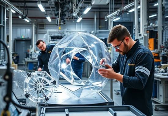 innovative acrylic fabrication, meticulous, crafting complex shapes, photorealistic, in a high-tech workshop filled with complex apparatus, highly detailed, engineers at work, vibrant visual textures, sharp and clean, soft diffused lighting, shot with a telephoto lens