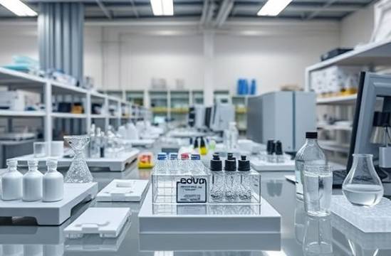 advanced acrylic technology, insightful, developing new applications, photorealistic, within a modern laboratory filled with prototypes, highly detailed, 3D modeling on computers, smooth surfaces and reflections, glossy finishes, ambient lighting, shot with a prime lens