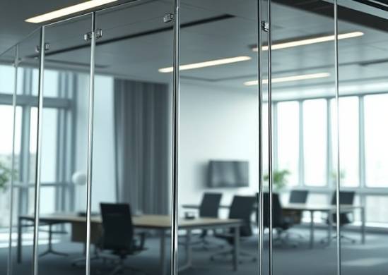 sleek plexiglass panels, futuristic aesthetic, absorbing sunlight without glare, photorealistic, arranged in a cutting-edge office environment, highly detailed, ambient indoor lighting, 5K crispness, muted greys, soft ambient lighting, shot with a macro lens