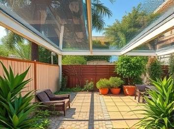 neat plexiglass sheets, smooth texture, adapting to temperature changes, photorealistic, covering an open-air garden patio, highly detailed, capturing vein-like shadows from surrounding plants, HDR clarity, clear tones, warm afternoon light, shot with a fisheye lens