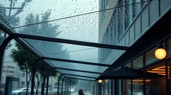 outdoor plexiglass, minimalistic design, enduring heavy rainfall, photorealistic, forming a canopy over a street café, highly detailed, dynamic raindrop patterns, 12K resolution, translucent hues, moody overcast lighting, shot with a prime lens